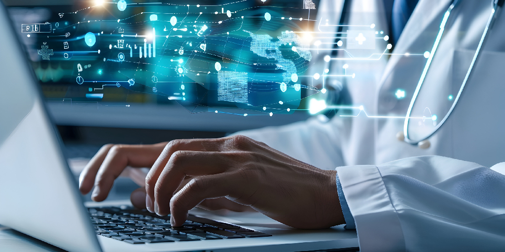 Doctor reviewing electronic medical records securely on a laptop.